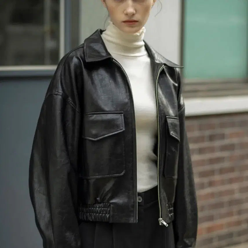 [BUNJANG] Siyaju Fake Leather Bomber Jacket Black / 시야쥬 레더 자켓 블랙(fake leather bomber jacket)