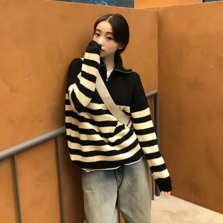 [BUNJANG] Young & Rich Stripe Knit Half Zip Black / 영앤리치 스트라이프 니트 반집업 블랙