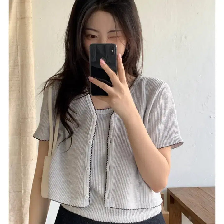 [BUNJANG] 98°C Bubble Smoke Cardigan + Camisole Set - White Mélange / [98도씨] 버블 스모크 가디건+나시 세트 - 화이트멜란지 (새상품)