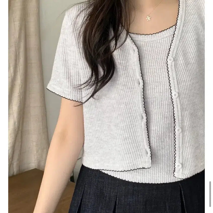 [BUNJANG] 98°C Bubble Smoke Cardigan + Camisole Set - White Mélange / [98도씨] 버블 스모크 가디건+나시 세트 - 화이트멜란지 (새상품)