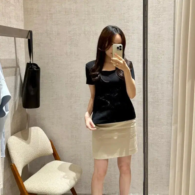 [BUNJANG] SIE Square Neck Short Sleeve Knit T-Shirt / SIE 시에 스퀘어넥 반팔 니트 티셔츠