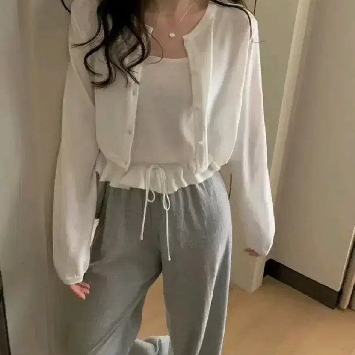 [BUNJANG] pyt Long Sleeve Cardigan &amp; Frill Blouse Set / pyt 프영띵 롱슬리브 가디건 + 끈 프릴 블라우스 세트