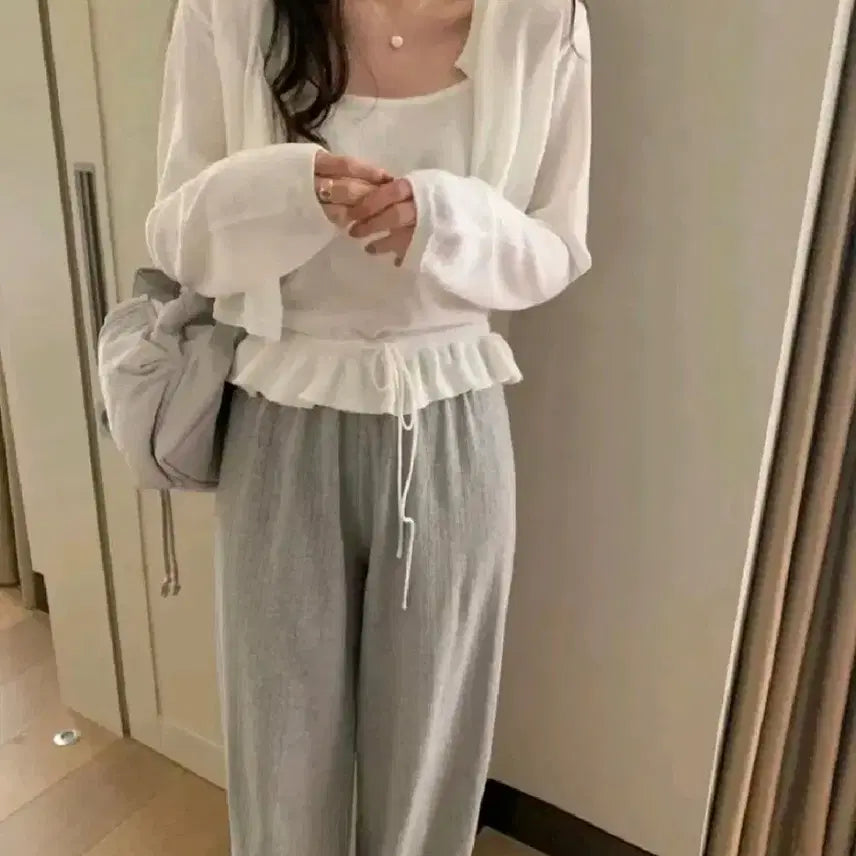 [BUNJANG] pyt Long Sleeve Cardigan &amp; Frill Blouse Set / pyt 프영띵 롱슬리브 가디건 + 끈 프릴 블라우스 세트