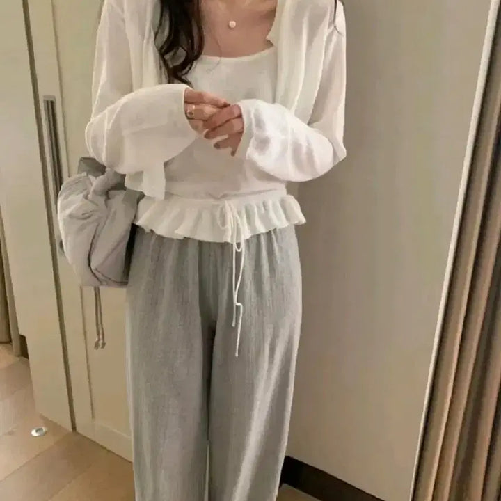 [BUNJANG] pyt Long Sleeve Cardigan &amp; Frill Blouse Set / pyt 프영띵 롱슬리브 가디건 + 끈 프릴 블라우스 세트