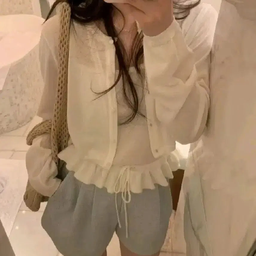 [BUNJANG] pyt Long Sleeve Cardigan &amp; Frill Blouse Set / pyt 프영띵 롱슬리브 가디건 + 끈 프릴 블라우스 세트