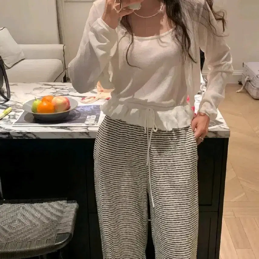 [BUNJANG] pyt Long Sleeve Cardigan &amp; Frill Blouse Set / pyt 프영띵 롱슬리브 가디건 + 끈 프릴 블라우스 세트