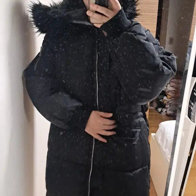 [BUNJANG] Black Long Padded Hooded Parka / 블랙 롱 패딩 후드 퍼 28번