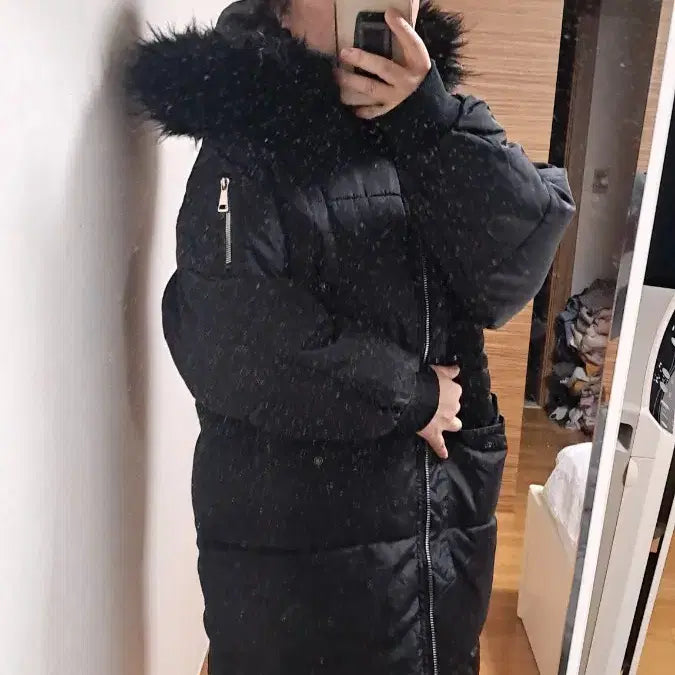 [BUNJANG] Black Long Padded Hooded Parka / 블랙 롱 패딩 후드 퍼 28번