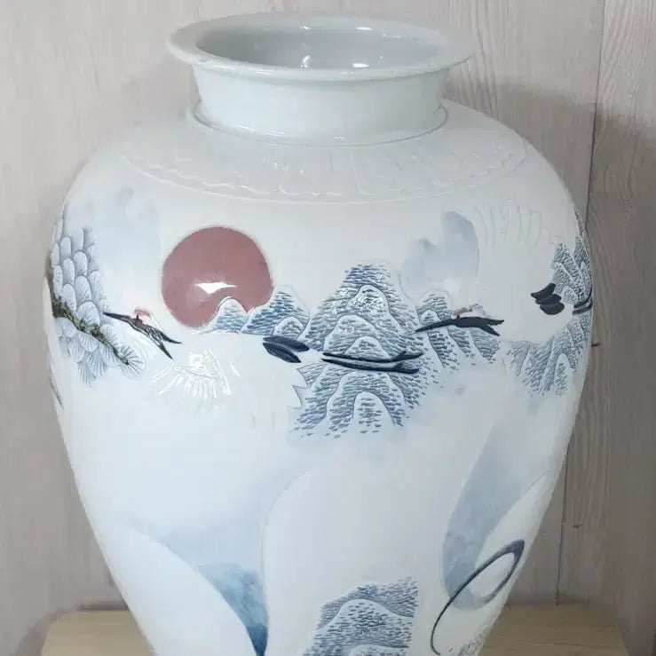 [BUNJANG] Cho Kyu-young Celadon Porcelain Cloud Crane Motif Large Jar / 소은 조규영 작가 백자 양각 청화진사 운학문 대호