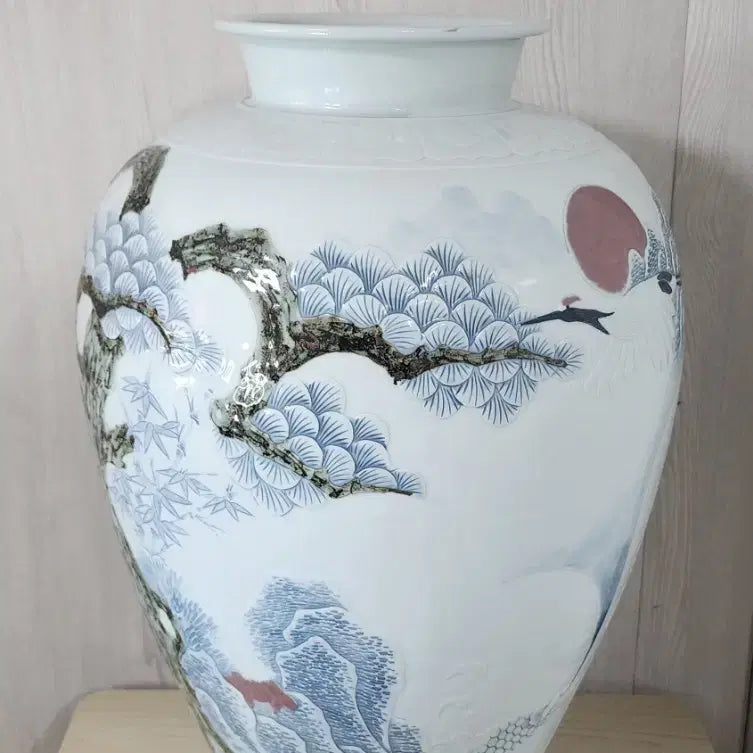 [BUNJANG] Cho Kyu-young Celadon Porcelain Cloud Crane Motif Large Jar / 소은 조규영 작가 백자 양각 청화진사 운학문 대호
