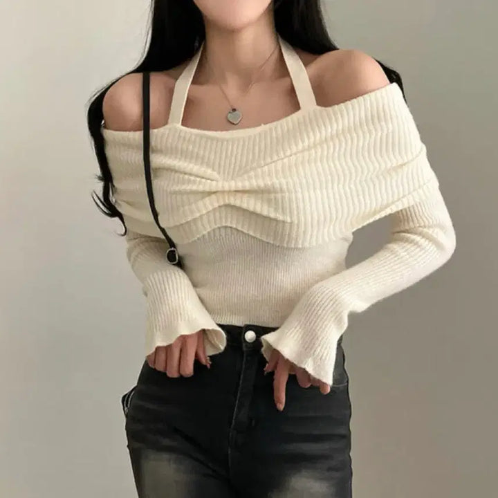 [BUNJANG] Off-Shoulder Halter Neck Knit Top / 오프숄더 홀터넥 니트 긴팔 베이지