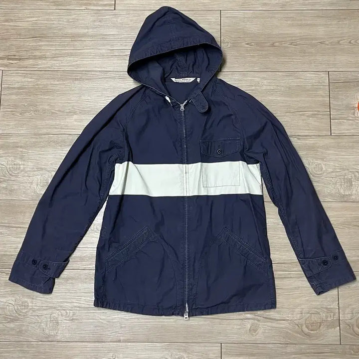 [BUNJANG] Pigbell Navy and White Color Block Hooded Jacket / 피그벨 후드집업 네이비 화이트 배색 점퍼