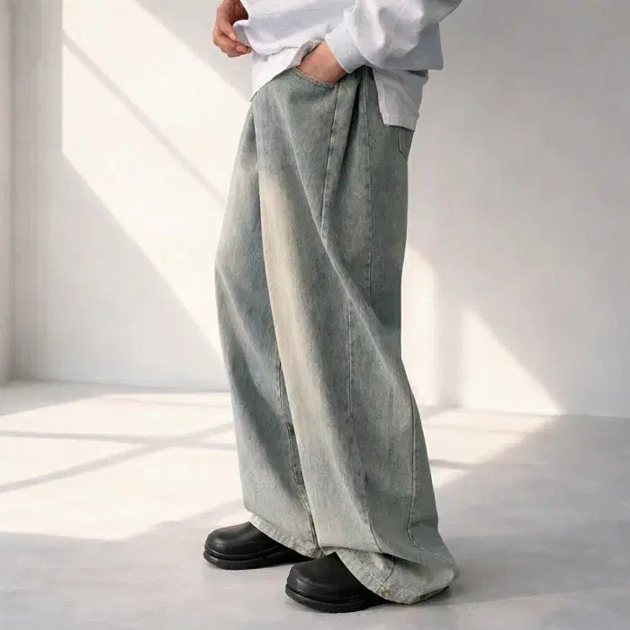 [BUNJANG] Men's Belted Wide Leg Jeans / 남자 벨티드 사이드 롱기장 와이드 밴딩 청바지 4컬러