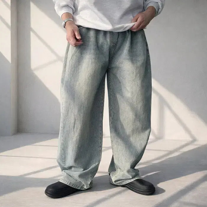 [BUNJANG] Men's Belted Wide Leg Jeans / 남자 벨티드 사이드 롱기장 와이드 밴딩 청바지 4컬러