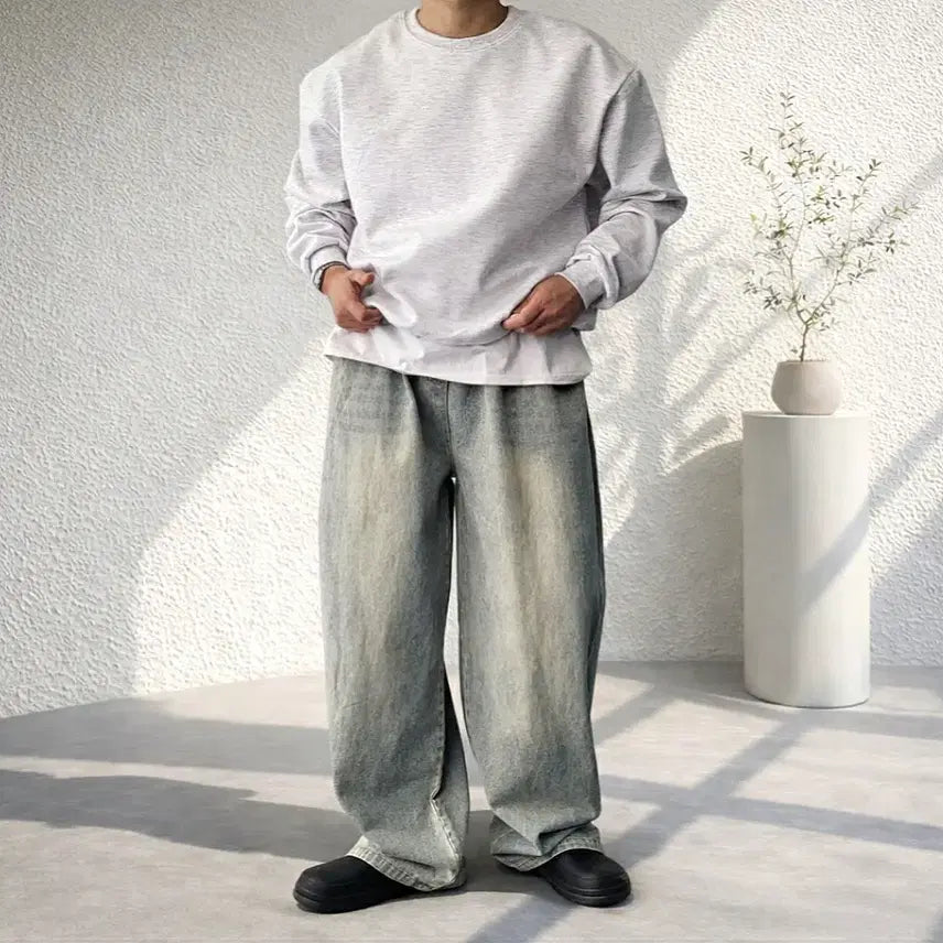 [BUNJANG] Men's Belted Wide Leg Jeans / 남자 벨티드 사이드 롱기장 와이드 밴딩 청바지 4컬러