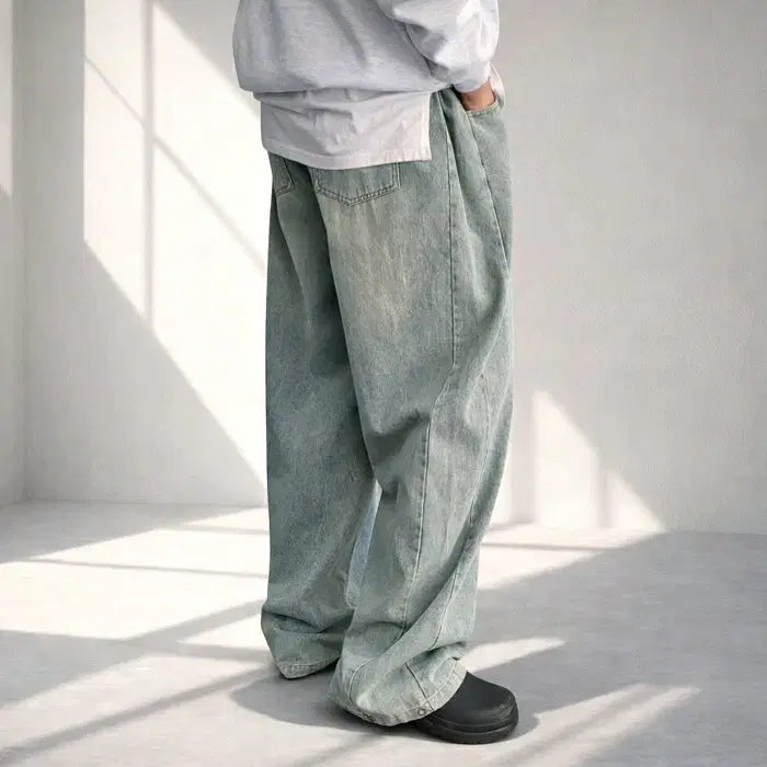 [BUNJANG] Men's Belted Wide Leg Jeans / 남자 벨티드 사이드 롱기장 와이드 밴딩 청바지 4컬러