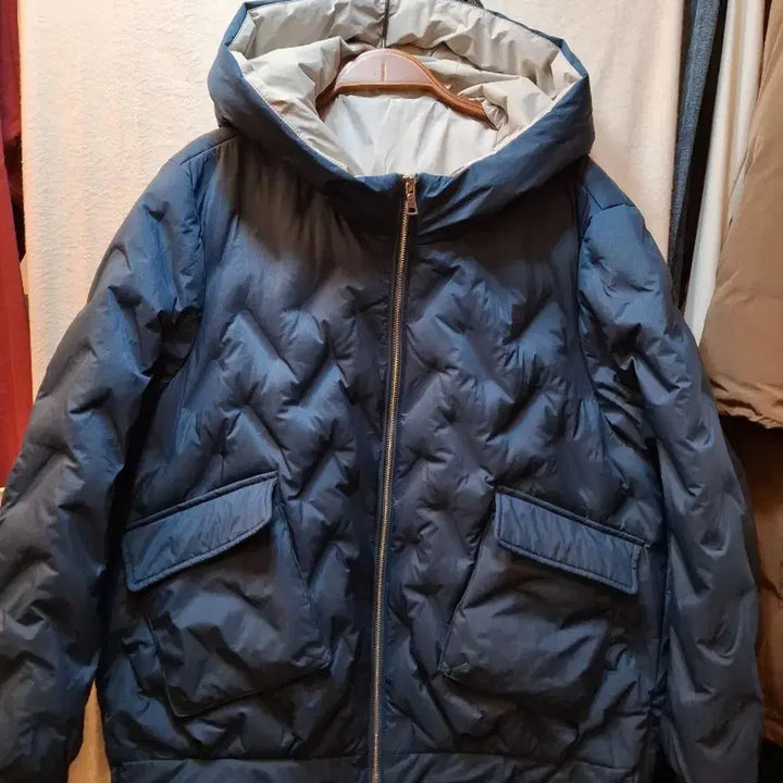 [BUNJANG] Navy Blue Hooded Short Padded Jumper / 네이비 블루 숏패딩 후드 점퍼