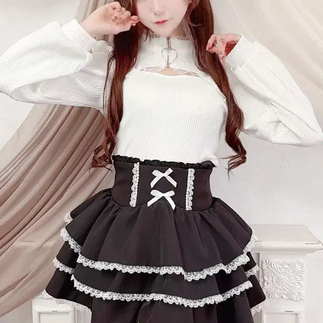 [BUNJANG] MARS Pearl Ribbon Frill Skirt Pants / MARS 마즈 펄 리본 프릴 스커트 팬츠