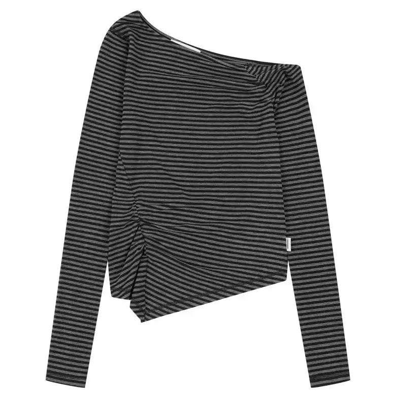 [SOLD OUT] 새상품)오디너리 홀리데이 스트라이프 언발란스 셔링 긴팔 티셔츠 그레이