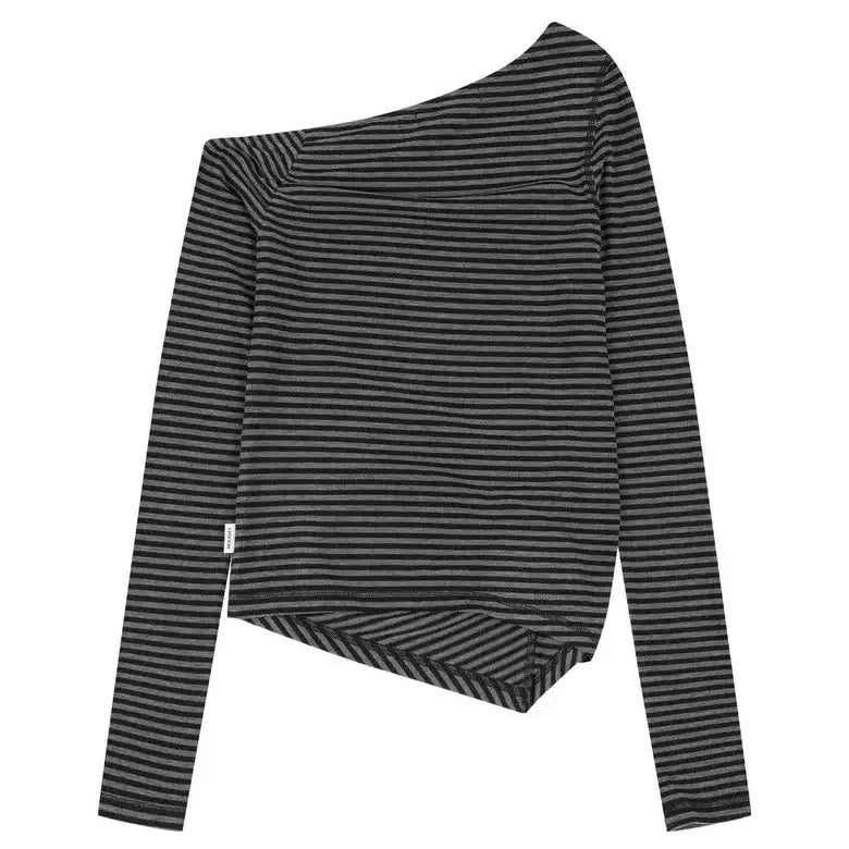 [SOLD OUT] 새상품)오디너리 홀리데이 스트라이프 언발란스 셔링 긴팔 티셔츠 그레이