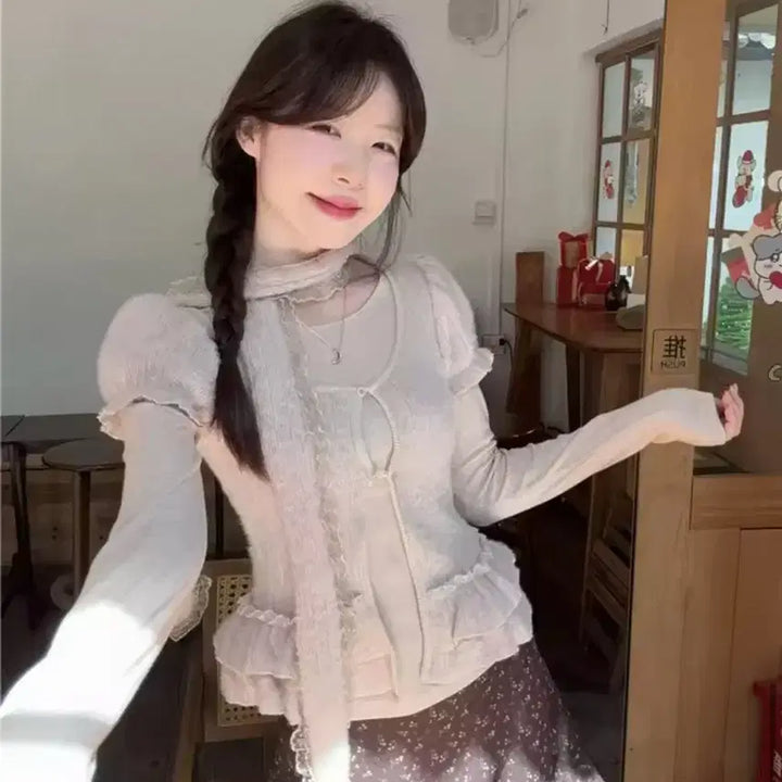 [BUNJANG] Avely Flon Lace Choker Layered T-shirt / 에이블리 플론 레이스 초커 반팔 가디건 레이어드 티셔츠