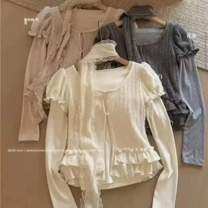 [BUNJANG] Avely Flon Lace Choker Layered T-shirt / 에이블리 플론 레이스 초커 반팔 가디건 레이어드 티셔츠