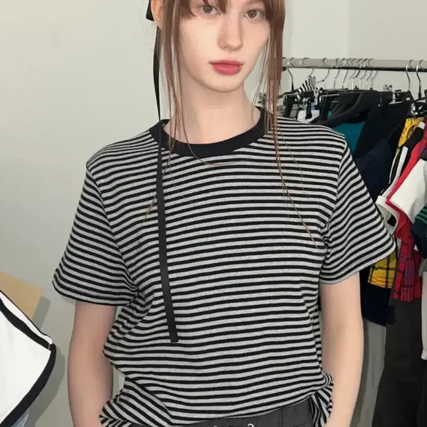 [BUNJANG] Z_JE MUSEUM Stripe T-shirt (Gray) / 지제뮤지엄 스트라이프 티셔츠 (그레이)
