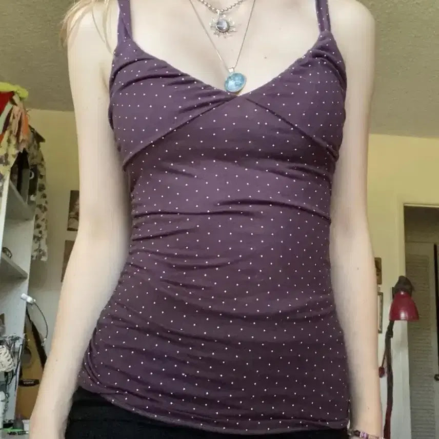[BUNJANG] Vintage Dot Print V-Neck Camisole Tank Top / 도트 프린트 V넥 캐미솔 빈티지 섹시 탱크