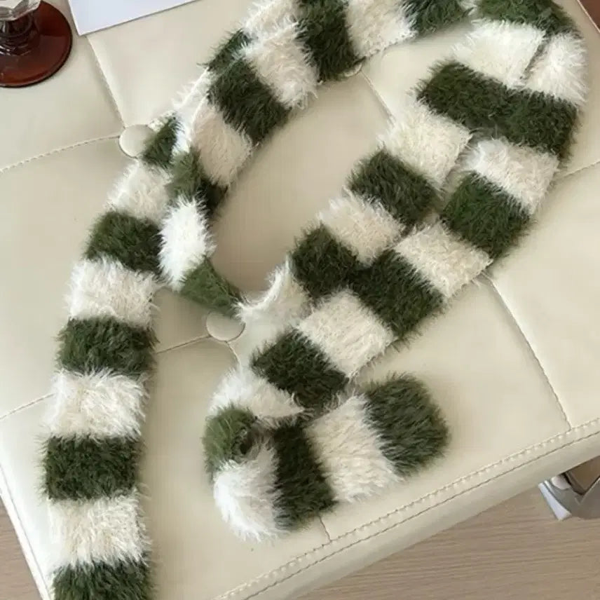 [BUNJANG] Striped Fur Muffler Green/White / 줄무늬 퍼 머플러 그린/화이트