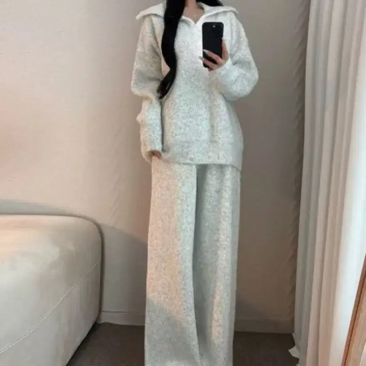 [BUNJANG] V-neck Collar Wool Knit and Pants Set (Black) / 새상품 브이넥 카라 울 니트+팬츠 세트(블랙)