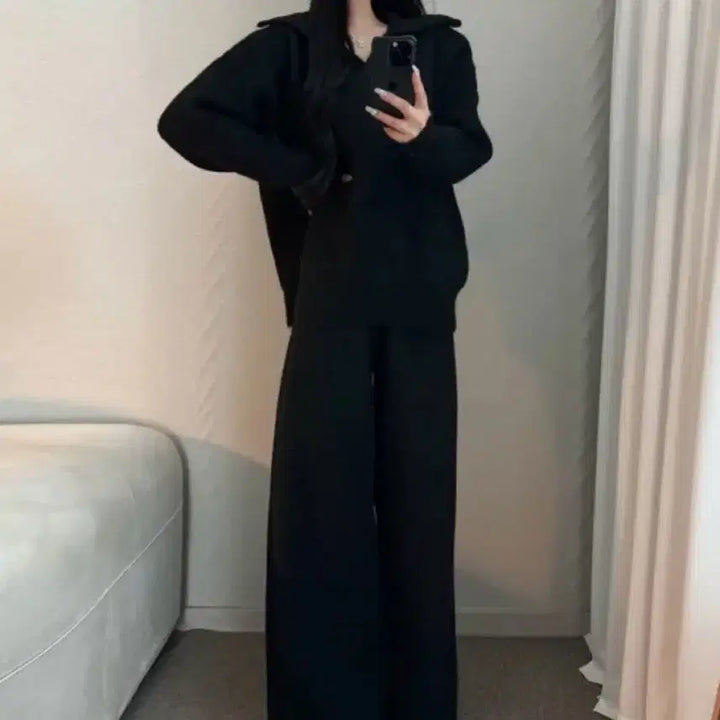 [BUNJANG] V-neck Collar Wool Knit and Pants Set (Black) / 새상품 브이넥 카라 울 니트+팬츠 세트(블랙)