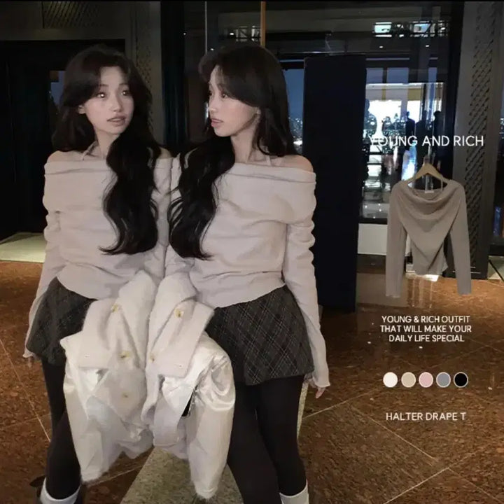 [BUNJANG] Young N Rich Boa Halter Drape Top Beige / 영앤리치 보아홀터 드레이프 티 베이지