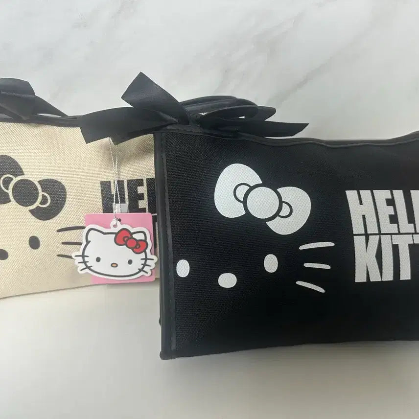 [BUNJANG] Hello Kitty Ribbon Pouch / 헬로키티 파우치 블랙/베이지 리본 장식 2개일괄