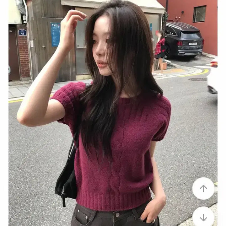 [BUNJANG] Near Wear Cable Knit Short Sleeve Sweater / 니어웨어 꽈배기 반팔니트 퍼플