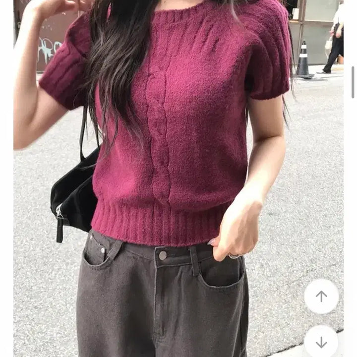 [BUNJANG] Near Wear Cable Knit Short Sleeve Sweater / 니어웨어 꽈배기 반팔니트 퍼플