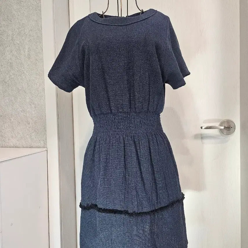 [BUNJANG] Navy Shirred Mini Dress / 네이비 셔링 반팔 미니 원피스