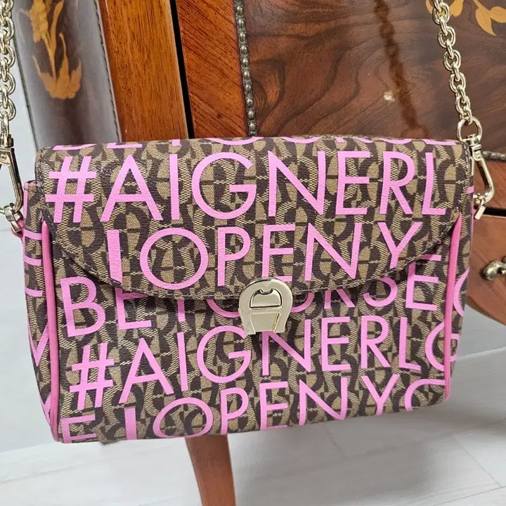 [BUNJANG] Aigner Logo Crossbody Bag Pink Lettering Chain Strap / 아이그너 크로스백