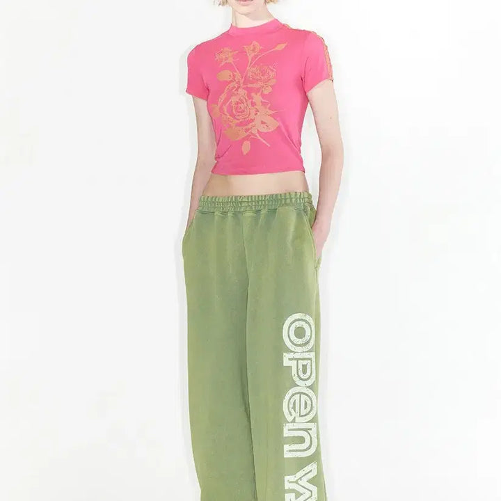 [BUNJANG] OPEN YY Wide Leg Sweatpants (Green) / OPEN YY 와이드 레그 스웻팬츠 (green)