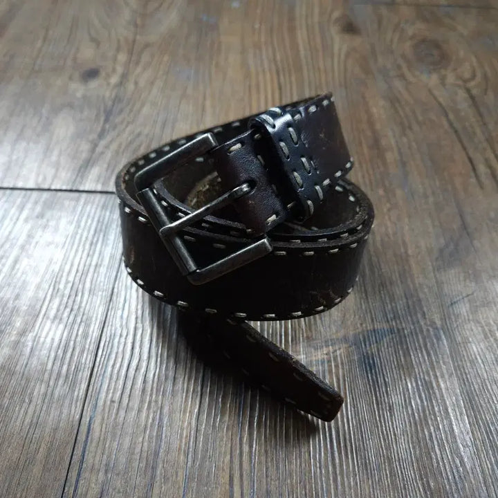 [BUNJANG] Vintage Double Stitch Cowhide Leather Western Buckle Belt / 빈티지 더블 스티치 카우하이드 레더 웨스턴 버클 벨트