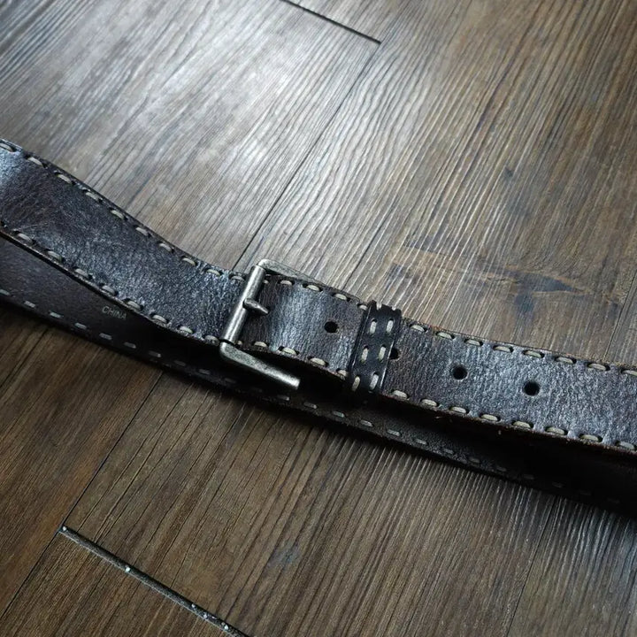 [BUNJANG] Vintage Double Stitch Cowhide Leather Western Buckle Belt / 빈티지 더블 스티치 카우하이드 레더 웨스턴 버클 벨트