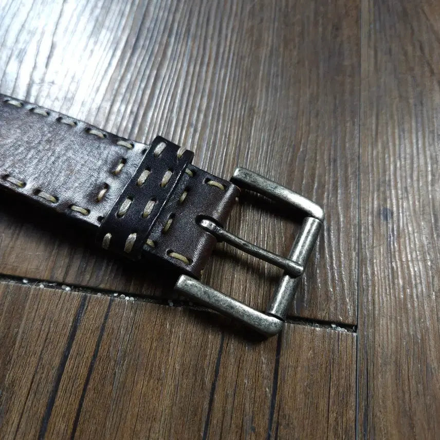 [BUNJANG] Vintage Double Stitch Cowhide Leather Western Buckle Belt / 빈티지 더블 스티치 카우하이드 레더 웨스턴 버클 벨트