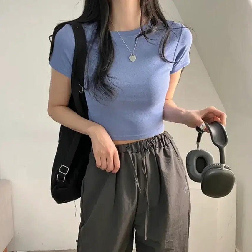 [BUNJANG] Basic Solid Crop T-Shirt / 크롭 반팔 티셔츠 기본 무지티