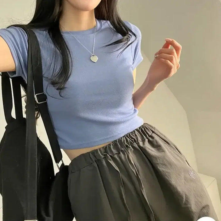 [BUNJANG] Basic Solid Crop T-Shirt / 크롭 반팔 티셔츠 기본 무지티