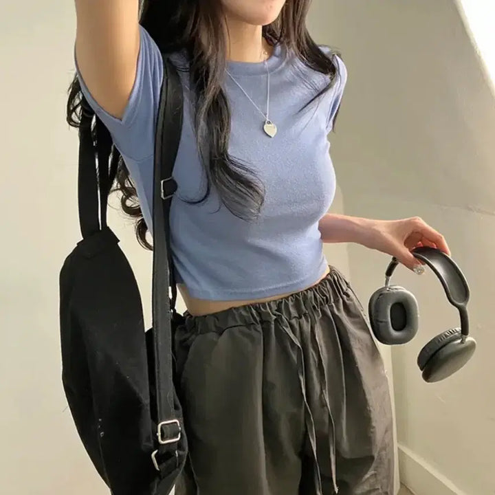 [BUNJANG] Basic Solid Crop T-Shirt / 크롭 반팔 티셔츠 기본 무지티