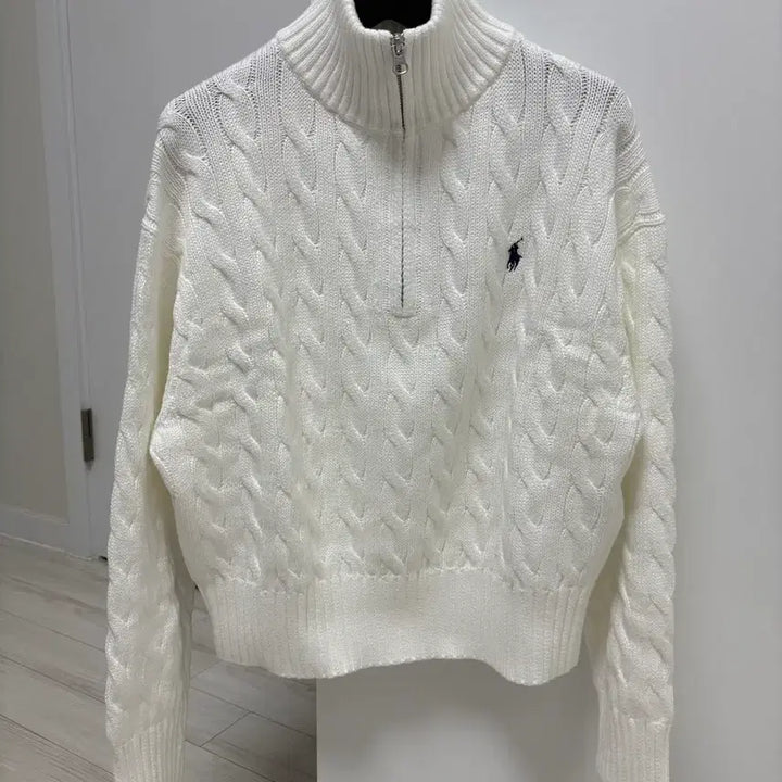 [BUNJANG] Polo Cable Knit Zip-up Sweater (White, S) / 폴로 케이블 니트 집업(화이트 색상, S 사이즈)