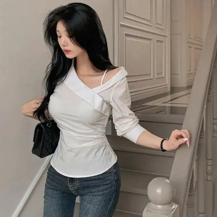 [BUNJANG] High Classic One Shoulder Shirt / 배송비포함) 에이블리 하이클래식 반 오프숄더셔츠 원숄더