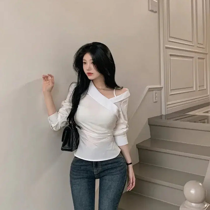 [BUNJANG] High Classic One Shoulder Shirt / 배송비포함) 에이블리 하이클래식 반 오프숄더셔츠 원숄더