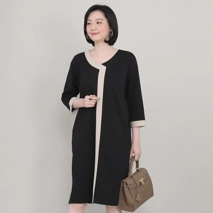 [BUNJANG] Black Contrast 7-Sleeve Midi Dress / 블랙 배색 포인트 7부 원피스