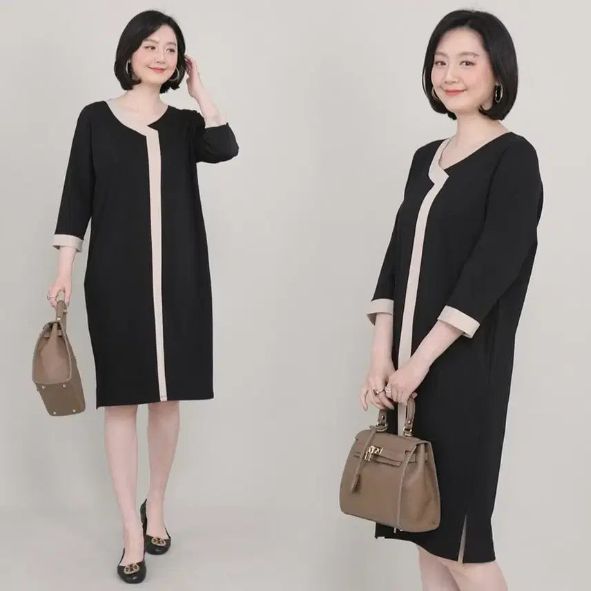 [BUNJANG] Black Contrast 7-Sleeve Midi Dress / 블랙 배색 포인트 7부 원피스