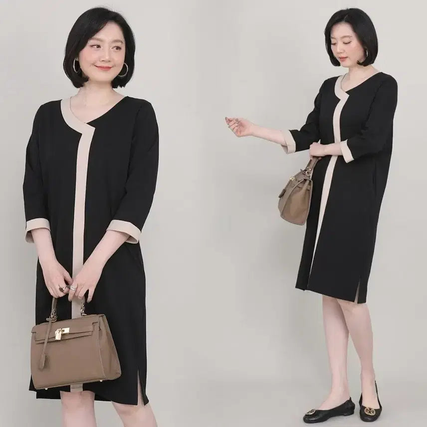 [BUNJANG] Black Contrast 7-Sleeve Midi Dress / 블랙 배색 포인트 7부 원피스